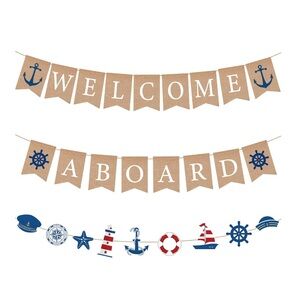 3 Pcs Burlap Welcome Aboard Banner Nautical For Parties,Birthdays,Cruises